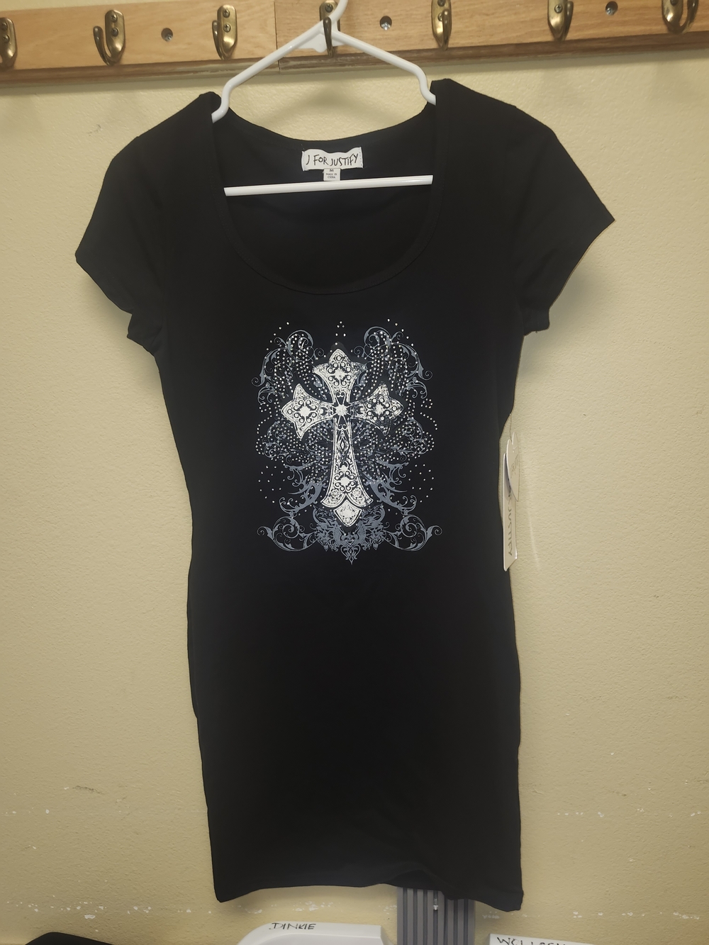 Justify Black Mini Dress with Silver Cross Graphic